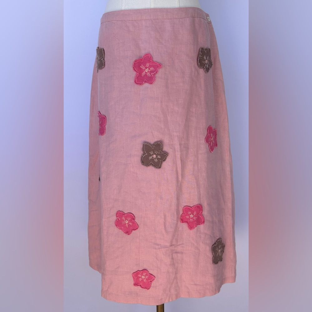 Boden Women’s Pink Linen A-Line Midi Skirt Applique‎ Flowers Pink Size 12L